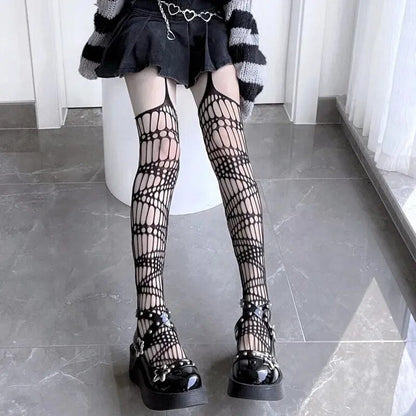 Lolita Cute Pentacle Print Tights Women Sexy Gothic Punk Magical Five-Pointed Star Mesh Fish Net Pantyhose Body Stockings