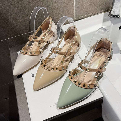 New High Heels Pointed Toe Buckle Rivets Summer Sexy Mules Fashion All-match Net Red Banquet Thick Heels Women&#39;s High Heels