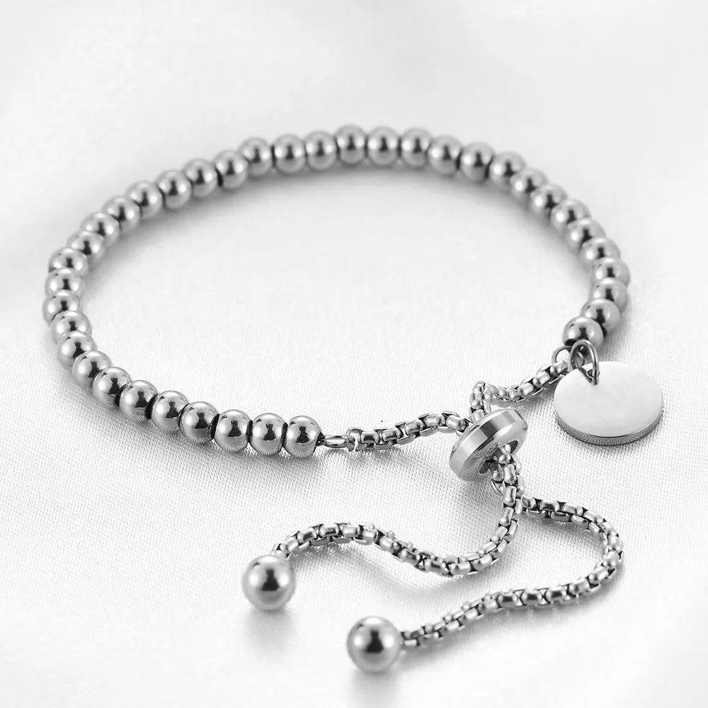 Fashion Stainless Steel Custom Bracelet Letter Tag Ball Beads Adjustable Women's Bracelet Jewelry