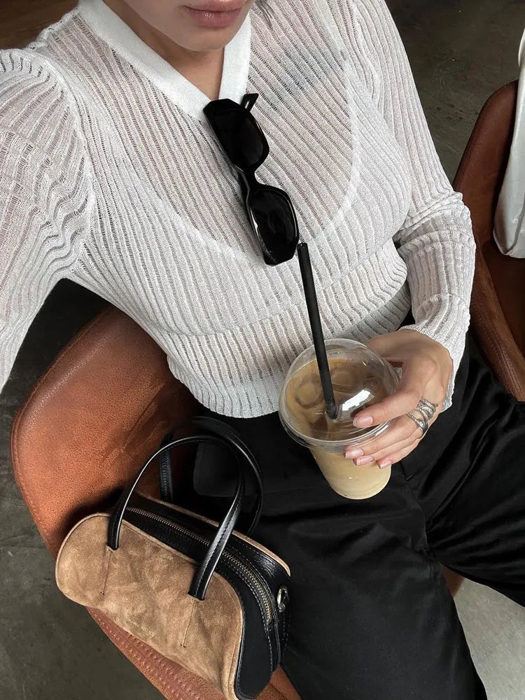 Women's Spring/Summer Long Sleeved Round Neck Thin Breathable Knitted Top with Sun Protection