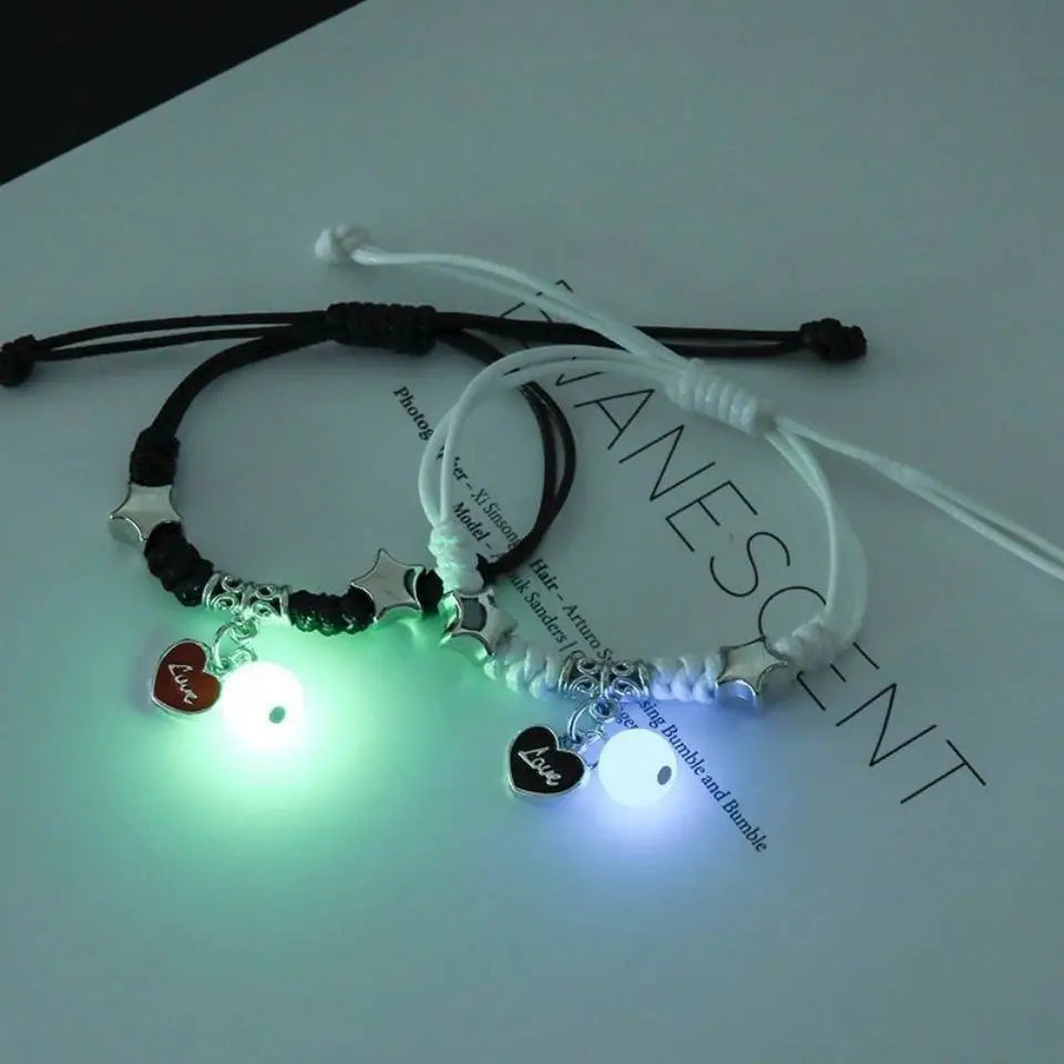 Fashion Luminous Beads Star Couple Bracelets For Women Men Charm Cat Flower Heart Key Lock Cross Matching Bracelets Bff Jewelry