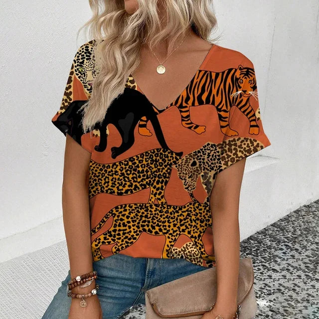 Summer clothing V-neck sexy leopard print T-shirt animal pattern women's shirt short sleeve street Korean style women's clothing