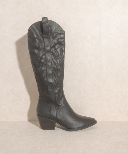 Knee-high western boots with embroidered stitching, pointed toe, stacked block heel, and side zipper closure.