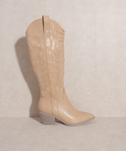 Knee-high western boots with embroidered stitching, pointed toe, stacked block heel, and side zipper closure.