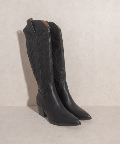 Knee-high western boots with embroidered stitching, pointed toe, stacked block heel, and side zipper closure.