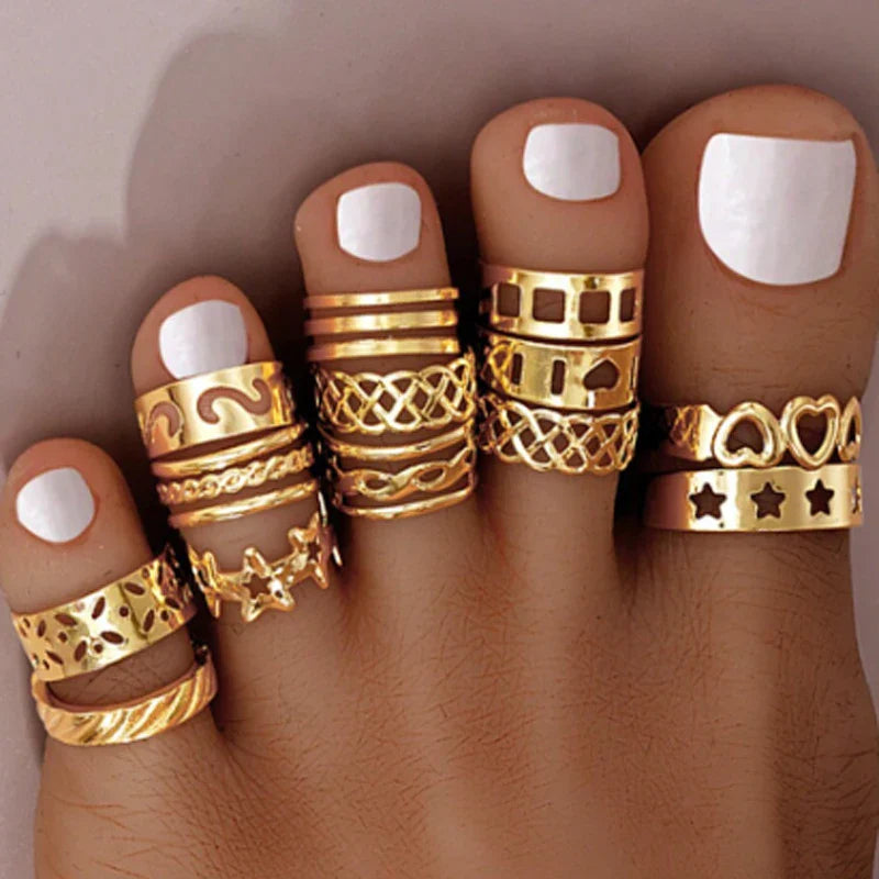 13 PCS Fashion Open Toe Rings Set for Women Adjustable Simple Minimal Hollow Heart Summer Beach Smooth Feet Ring Jewelry on Foot