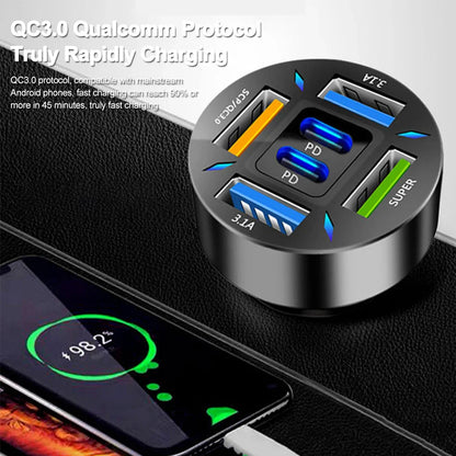 6 Ports USB Car Charger 66W PD USB Type C Quick Charge Car Phone Charger for Samsung Huawei Xiaomi iphone