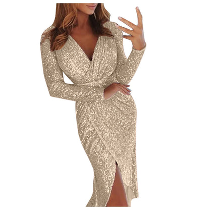 Womens Party Dresses 2024 Sexy Deep V Sequins Wrap Ruched Long Sleeved Formal Dress Nightclub Vestidos For Women Temperament