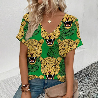 Summer clothing V-neck sexy leopard print T-shirt animal pattern women's shirt short sleeve street Korean style women's clothing