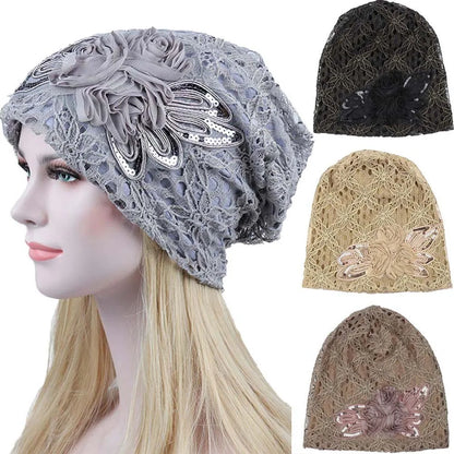 Spring Autumn Hat For Women Beanies Fashion Lace Flower Cap Elasticity Knit Beanie Hats Turban Female Casual Caps Gorros