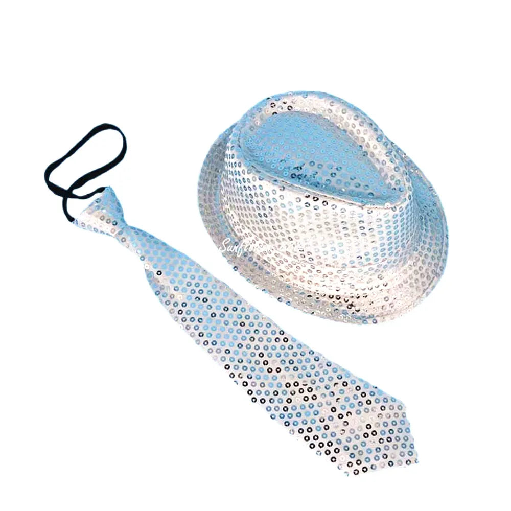 Kids Adult LED Light Up Tie Sequin Jazz Fedora Hat Flashing Neon Party Gift Costume Cap Birthday Wedding Halloween Christmas