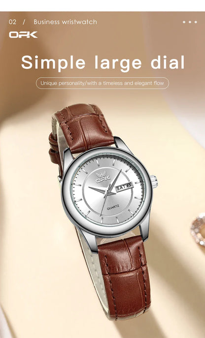 OPK 6022 Women's Watches Elegant Fashion Small Quartz Wristwatch for Ladies Waterproof  Leather Strap Dual Calendar Display