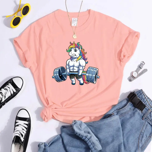 Funny Gym Unicorn Fitness Cute Prints Women T-shirt Summer Casual Short Sleeve Street Loose Breathable Tee Clothes
