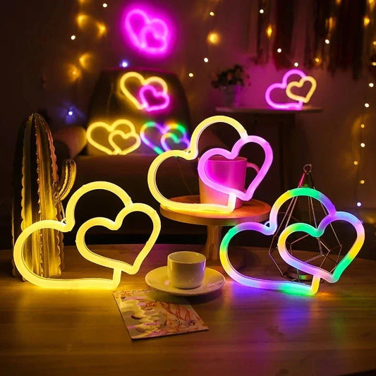 Colorful Neon Double Heart Light Neon Signs for Wall Decor Atmosphere LED for Kids Room Valentine's Day Party Confession Wedding