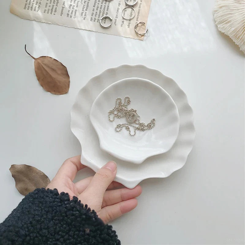 Shell Shaped White Ceramic Plate Jewelry Storage Trays Trays Storage Dishes Ring Earings Plate Home Decorative Tray Design