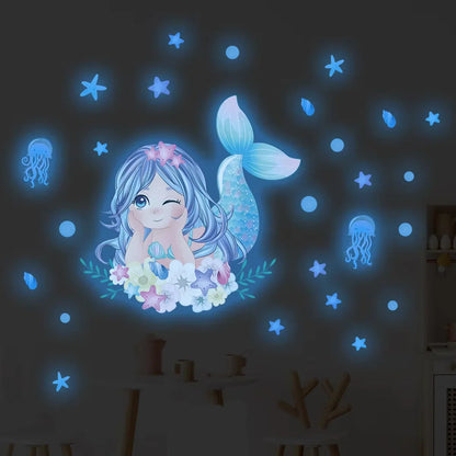 1Pc Cartoon Blue Light Glow Wall Stickers Kids Room Girls Room Decoration for Bedroom Children Living Room Decor for House