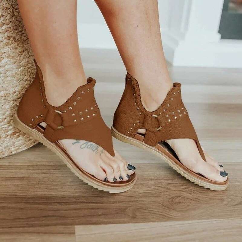 Summer New Style Rivet Sandals Womens Fashion Zipper Flat Retro Flip-flops Comfortable Clip-toe Beach Sandalias for Women