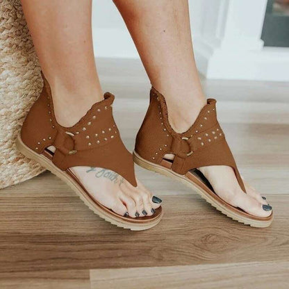 Summer New Style Rivet Sandals Womens Fashion Zipper Flat Retro Flip-flops Comfortable Clip-toe Beach Sandalias for Women