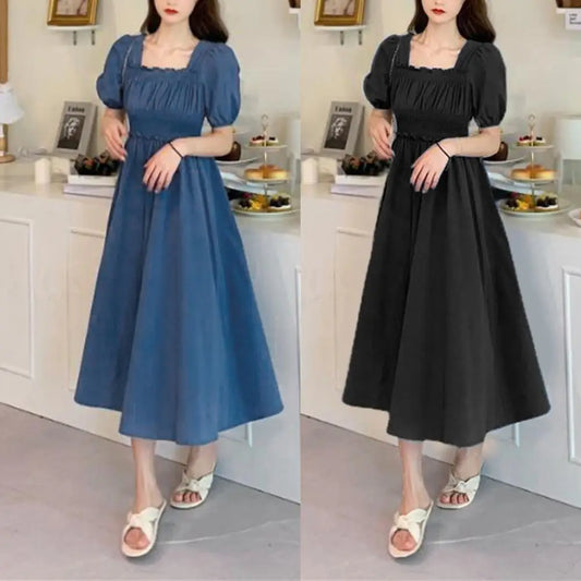 Women Summer Dress Square Neck Bubble Sleeve Shirring Elastic Bust A-line Dress Loose Hem Vintage Mic-calf Length Midi Dress