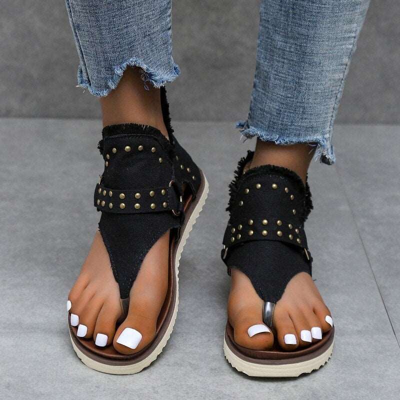 Summer New Style Rivet Sandals Womens Fashion Zipper Flat Retro Flip-flops Comfortable Clip-toe Beach Sandalias for Women