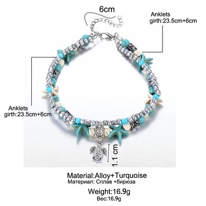 Boho Summer Beach Anklets For Women Turtle Shell Starfish Tree of Life Elephant Ankle Bracelet Multilayer Chain On Foot Jewelry