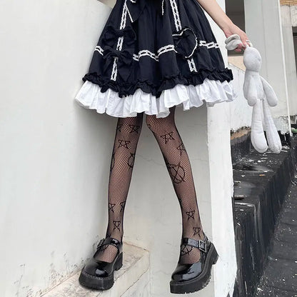Lolita Cute Pentacle Print Tights Women Sexy Gothic Punk Magical Five-Pointed Star Mesh Fish Net Pantyhose Body Stockings