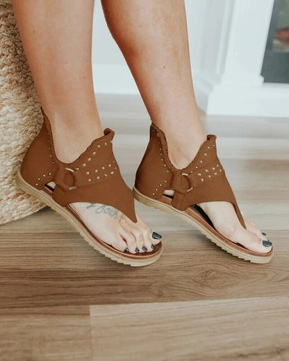 Summer New Style Rivet Sandals Womens Fashion Zipper Flat Retro Flip-flops Comfortable Clip-toe Beach Sandalias for Women