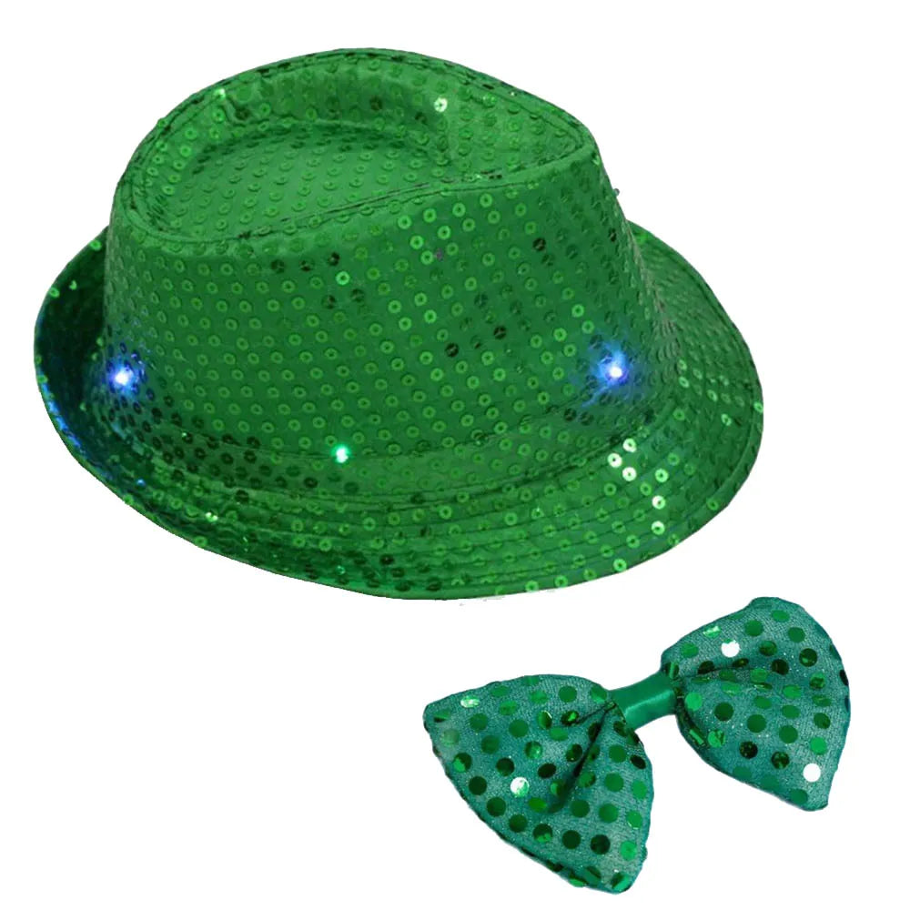 Kids Adult LED Light Up Tie Sequin Jazz Fedora Hat Flashing Neon Party Gift Costume Cap Birthday Wedding Halloween Christmas