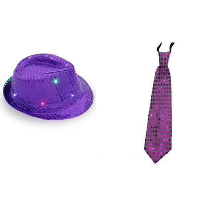 Kids Adult LED Light Up Tie Sequin Jazz Fedora Hat Flashing Neon Party Gift Costume Cap Birthday Wedding Halloween Christmas
