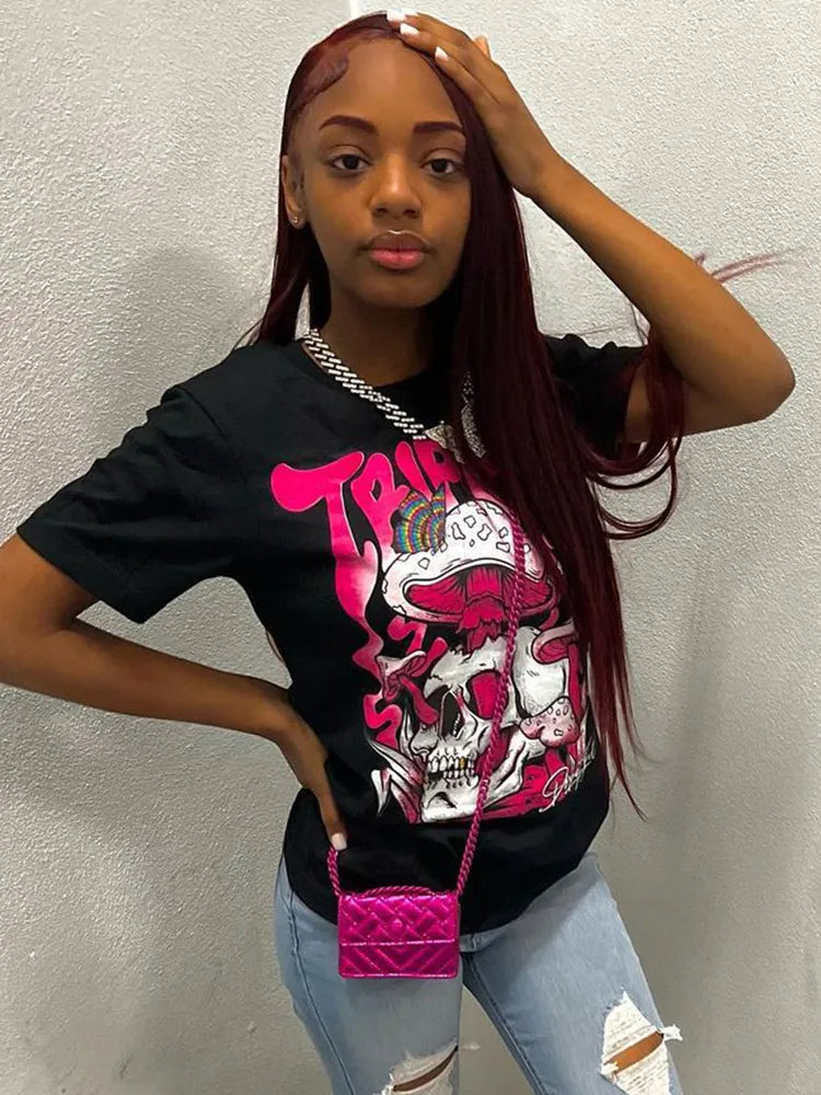 Sifreyr Black Graphic Print T Shirts Women Fashion Casual O Neck Short Sleeve Y2K Clothes Punk Streetwear Goth Loose Tee Tops