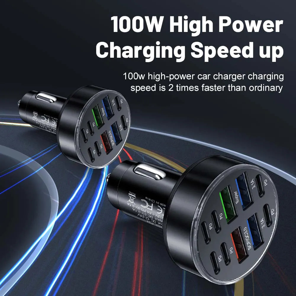 10 Ports Car Charger USB C Car Phone Charger PD Power Adapter in Car Fast Charging For iPhone Samsung Xiaomi Huawei QC 3.0
