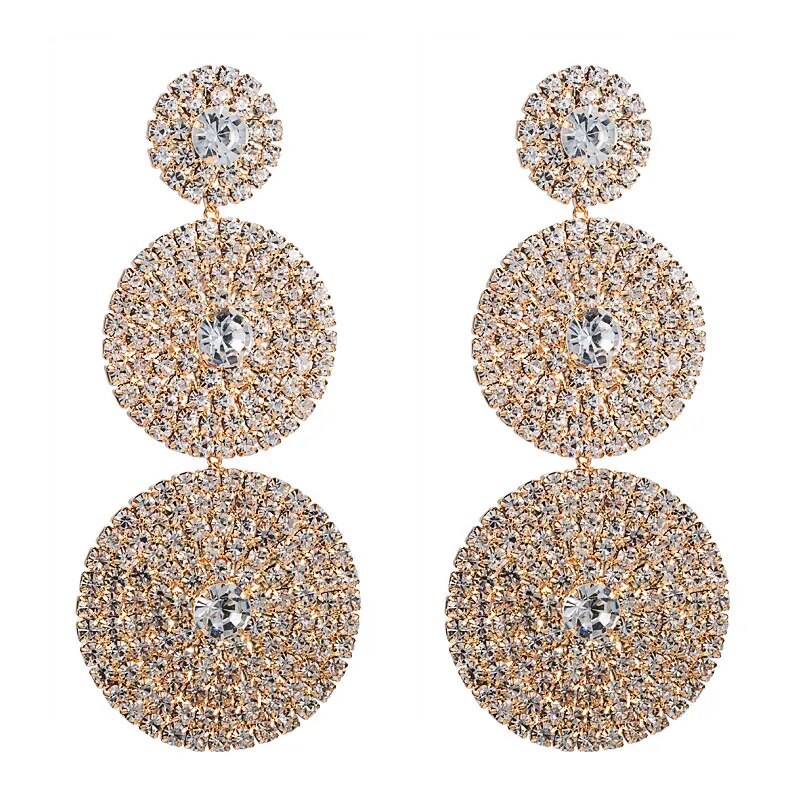 European Exaggerated Multi-layer Round Drop Earrings Women Shiny Rhinestone Geometric Dangle Earrings Party Jewelry Gifts