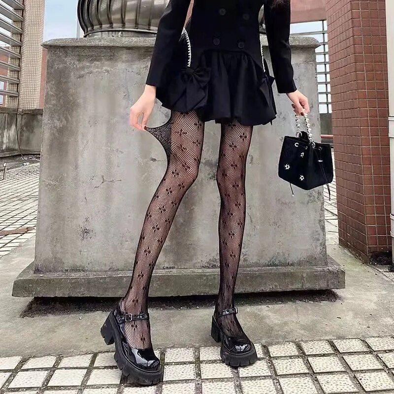 Classic Lolita Hollowed Out Lace Mesh Stockings Bottomed Pantyhose Women Gothic Punk Retro Spider Web Tights
