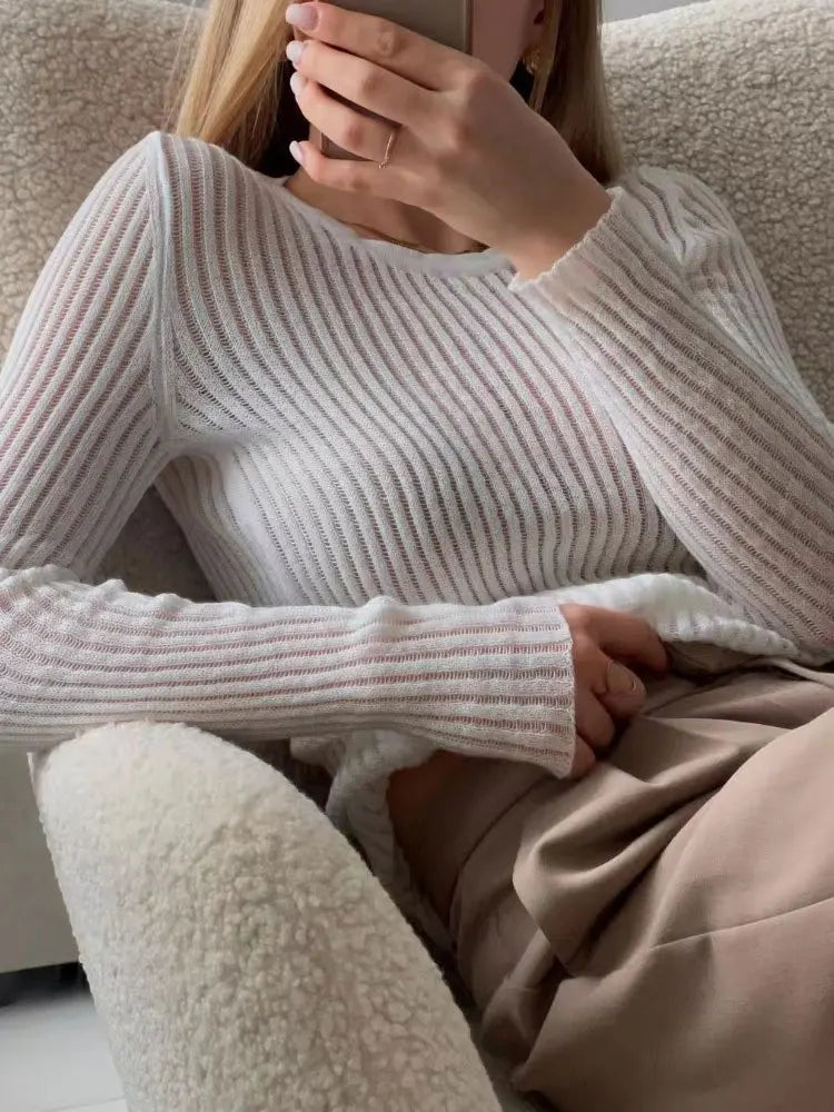 Women's Spring/Summer Long Sleeved Round Neck Thin Breathable Knitted Top with Sun Protection