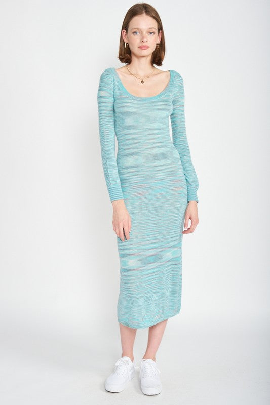 Scoop neck sweater midi dress in soft knit with long sleeves — cozy and stylish for cooler seasons or layered looks
