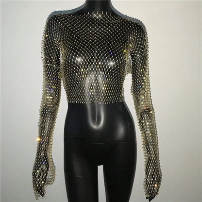 Autumn Women Sexy See Through Fishnet T Shirt Glitter Rhinestone Hollow Mesh Long Sleeve Crop Tops Nightclub Party Festival Top