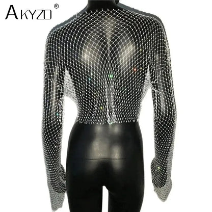 Autumn Women Sexy See Through Fishnet T Shirt Glitter Rhinestone Hollow Mesh Long Sleeve Crop Tops Nightclub Party Festival Top