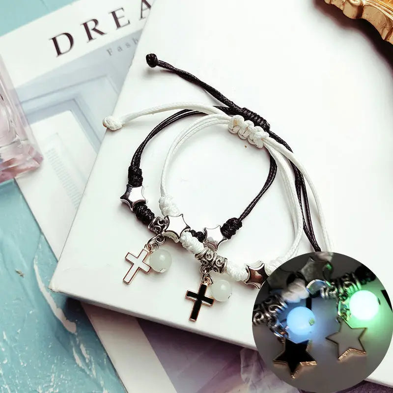 Fashion Luminous Beads Star Couple Bracelets For Women Men Charm Cat Flower Heart Key Lock Cross Matching Bracelets Bff Jewelry