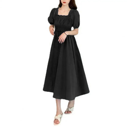 Women Summer Dress Square Neck Bubble Sleeve Shirring Elastic Bust A-line Dress Loose Hem Vintage Mic-calf Length Midi Dress