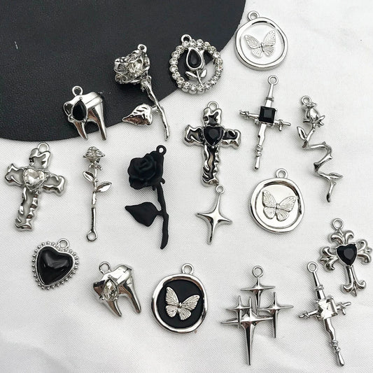 5Pcs Metal Alloy Charms Black Series Sweet and Cool Style Butterfly Cross Flower Shape Pendants Decorations For Jewelry Making