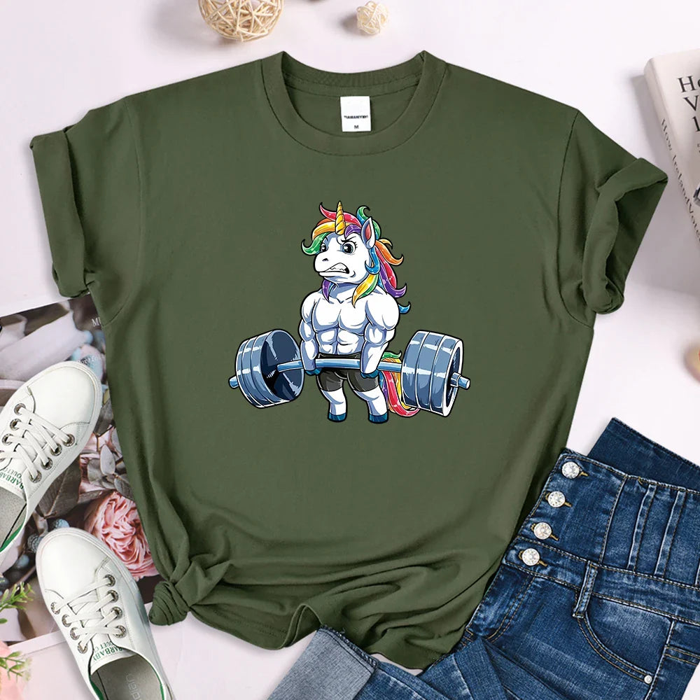 Funny Gym Unicorn Fitness Cute Prints Women T-shirt Summer Casual Short Sleeve Street Loose Breathable Tee Clothes
