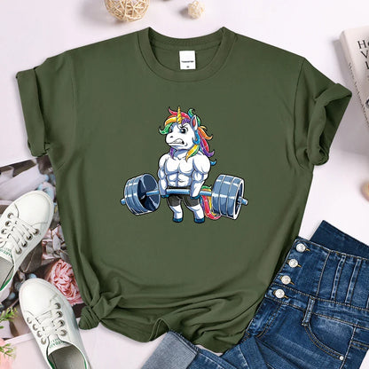 Funny Gym Unicorn Fitness Cute Prints Women T-shirt Summer Casual Short Sleeve Street Loose Breathable Tee Clothes