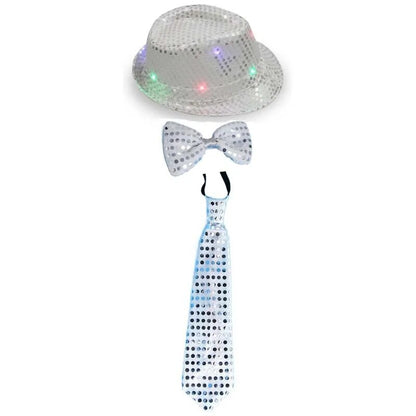 Kids Adult LED Light Up Tie Sequin Jazz Fedora Hat Flashing Neon Party Gift Costume Cap Birthday Wedding Halloween Christmas