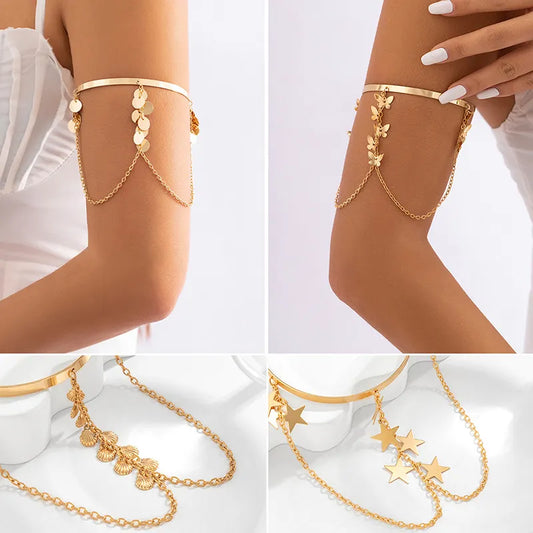 Bohemian Butterfly Tassel Pendants Bracelet Arm Chain Hollow Out Geometric Pattern Retro Arm Cuff Bangle Beach Body Bracelets
