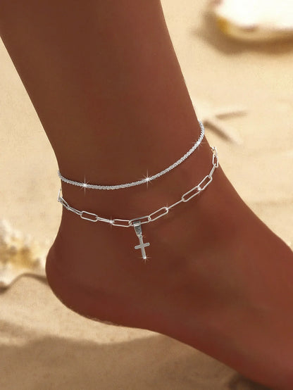 Summer Shiny Sparkling Simple Silver Color Anklet Zircon Cross Love Pearl Double Layer Bracelet On Leg Foot Trendy Beach Jewelry