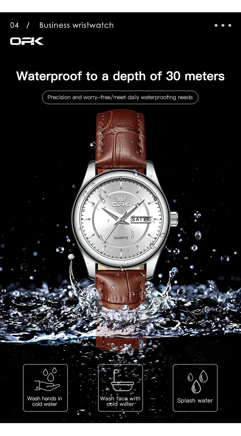 OPK 6022 Women's Watches Elegant Fashion Small Quartz Wristwatch for Ladies Waterproof  Leather Strap Dual Calendar Display