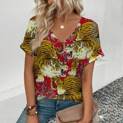 Summer clothing V-neck sexy leopard print T-shirt animal pattern women's shirt short sleeve street Korean style women's clothing