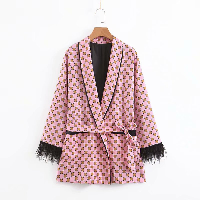 Women&#39;s Suits Sunc Spring LOOSE Blue Printed Kimono Jacket with Feather Sleeves Wide Leg Pants Two-piece Viintage Clothing Suits