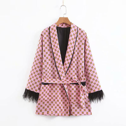 Women&#39;s Suits Sunc Spring LOOSE Blue Printed Kimono Jacket with Feather Sleeves Wide Leg Pants Two-piece Viintage Clothing Suits