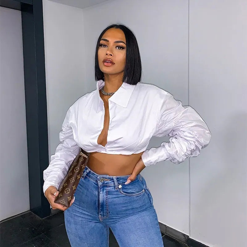 Simenual Button Ruched White Puff Sleeve Blouse Shirts Women Long Sleeved Fashion Fall 2021 Clothing Crop Blouses Solid Baddie
